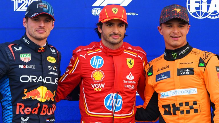 AUTODROMO HERMANOS RODRIGUEZ, MEXICO - OCTOBER 26: Max Verstappen, Red Bull Racing, pole man Carlos Sainz, Scuderia Ferrari, and Lando Norris, McLaren F1 Team, in Parc Ferme during the Mexican GP at Autodromo Hermanos Rodriguez on Saturday October 26, 2024 in Mexico City, Mexico. (Photo by Mark Sutton / Sutton Images)