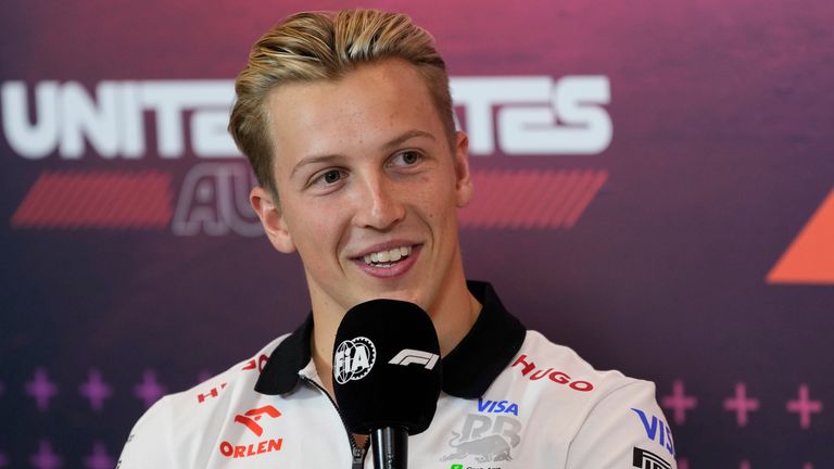 RB driver Liam Lawson, of New Zealand, responds to a question during a news conference for the Formula One U.S. Grand Prix auto race at the Circuit of the Americas, Thursday, Oct. 17, 2024, in Austin, Texas. (AP Photo/Eric Gay)