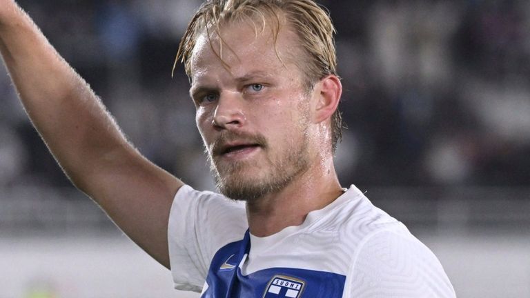 Joel Pohjanpalo of Finland celebrates scoring during the UEFA Nations League soccer match between Finland and Republic of Ireland at the Olympic Stadium in Helsinki, Finland, Thursday Oct. 10, 2024. (Antti Aimo-Koivisto/Lehtikuva via AP)