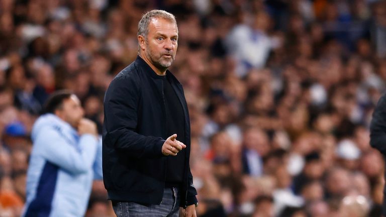 Hansi Flick, head coach of FC Barcelona, protests during the Spanish League, LaLiga EA Sports, football match played between Real Madrid and FC Barcelona at Santiago Bernabeu stadium on October 26, 2024, in Madrid, Spain. AFP7 26/10/2024 (Europa Press via AP)