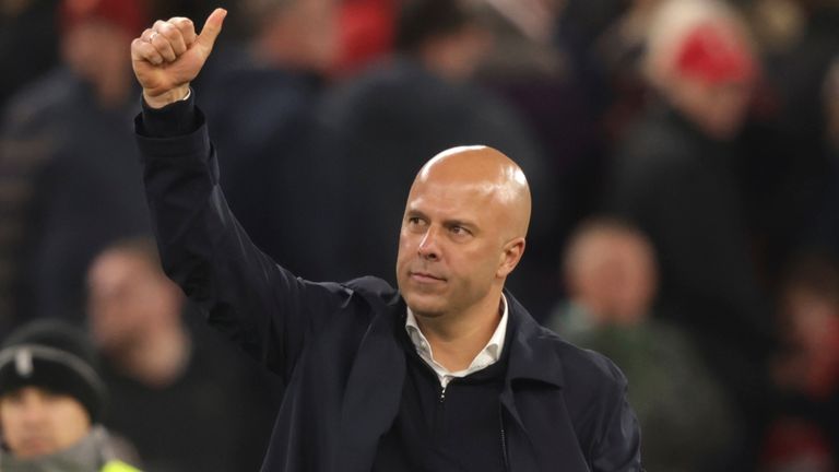 Liverpool manager Arne Slot celebrates at the end of the Champions League match against Bologna at Anfield