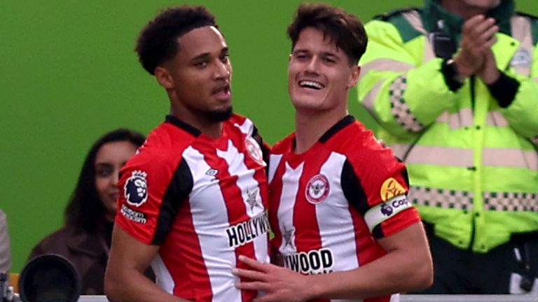 Brentford's Christian Norgaard celebrates scoring their side's third goal against Wolves