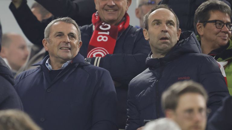 Klaus Allofs Manager of Fortuna and Alexander Jobst of Fortuna on the grandstand before the Second Bundesliga match between Fortuna Dusseldorf and FC Schalke 04 at Merkur Spiel-Arena on November 25, 2023 in Duesseldorf, Germany. 