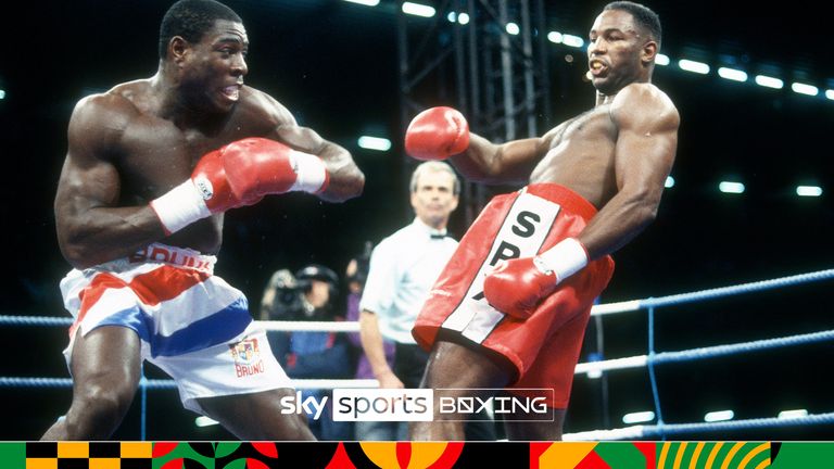 CARDIFF, WALES - OCTOBER 1: Lennox Lewis and Frank Bruno fight for the WBC heavyweight title on October 1, 1993 at Cardiff Arms Park in Cardiff, Wales. Lewis won the fight with a 7th round TKO. (Photo by Focus on Sport/Getty Images)