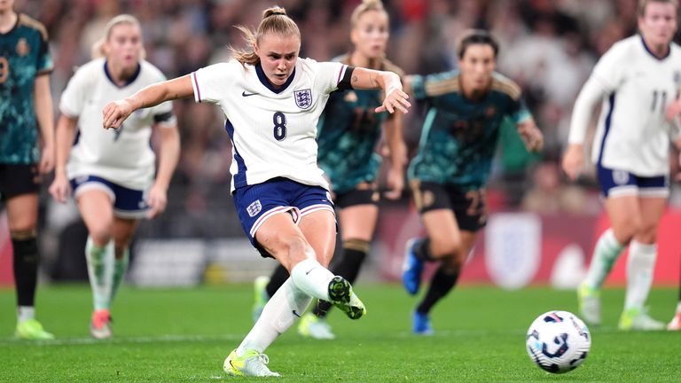 England's Georgia Stanway scores their side's first goal of the game from a penalty during the…
