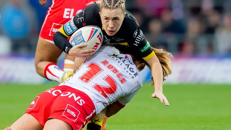 York's Georgina Hetherington is tackled by St Helens' Emily Rudge during Women's Super League Grand Final