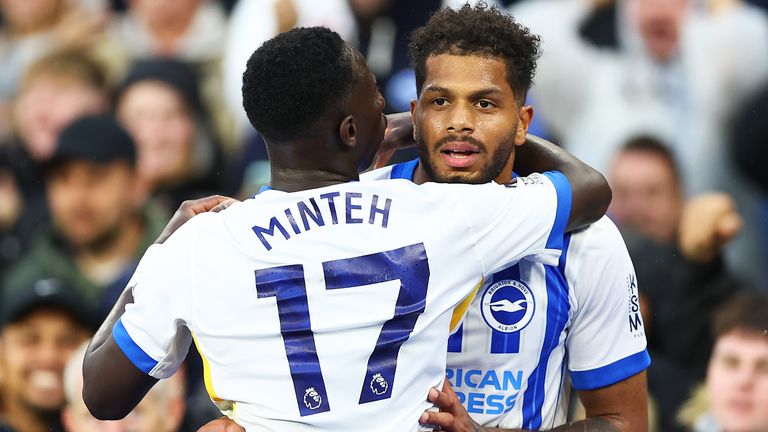 Georginio Rutter of Brighton & Hove Albion celebrates scoring his team's second goal with teammate Yankuba Minteh during the Premier League match between Brighton & Hove Albion FC and Tottenham Hotspur FC at Amex Stadium