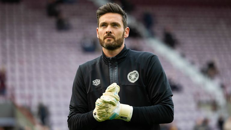 EDINBURGH, SCOTLAND - SEPTEMBER 28: Hearts' Craig Gordon pre-match during a William Hill Scottish Premiership match between Heart of Midlothian and Ross County at Tynecastle Park, on September 28, 2024, in Edinburgh, Scotland. (Photo by Ross Parker / SNS Group)