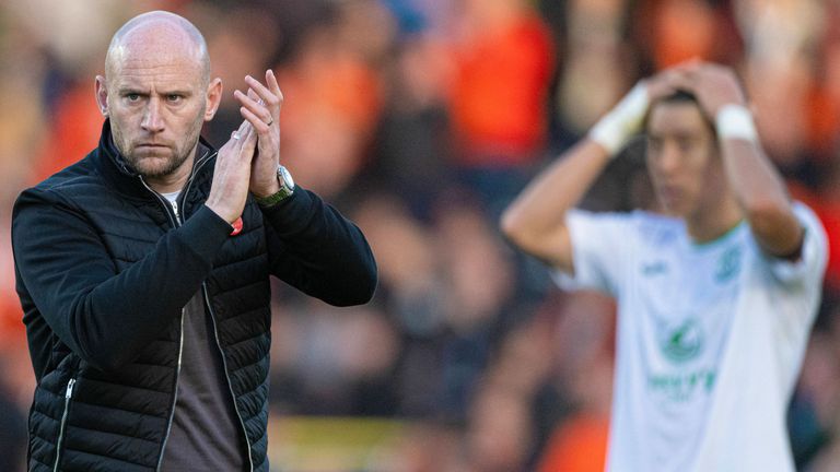 DUNDEE, SCOTLAND - OCTOBER 19: Hibs manager David Gray looks dejected at full time during a William Hill Premiership match between Dundee United and Hibernian at the CalForth Construction Arena at Tannadice Park, on October 19, 2024, in Dundee, Scotland. (Photo by Paul Devlin / SNS Group)