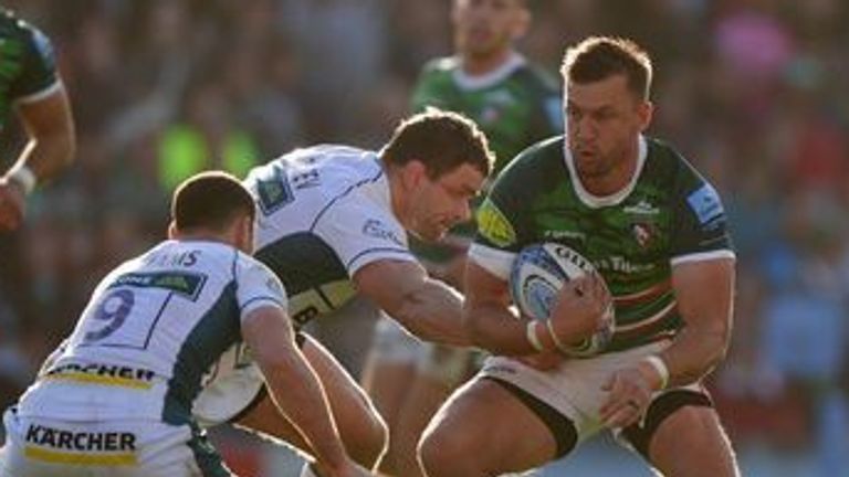  Leicester Tigers' Handre Pollard in action against Gloucester Rugby's Tomos Williams during the Gallagher Premiership match at Mattioli Woods Welford Road Stadium, Leicester. Picture date: Sunday October 20, 2024.
