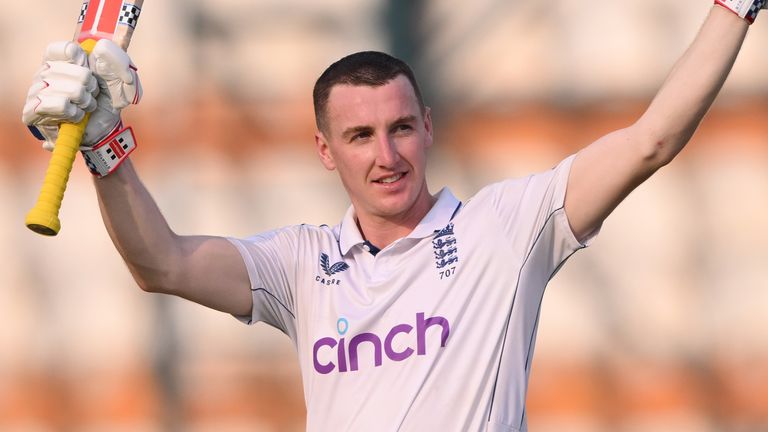 Harry Brook celebrates reaching century for England against Pakistan in first Test