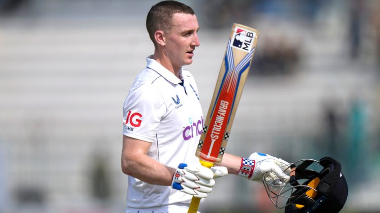 England's Harry Brook acknowledges crowd as he walks off the field after his dismissal on 317 run during the fourth day of the first test cricket match between Pakistan and England, in Multan, Pakistan, Thursday, Oct. 10, 2024. (AP Photo/Anjum Naveed