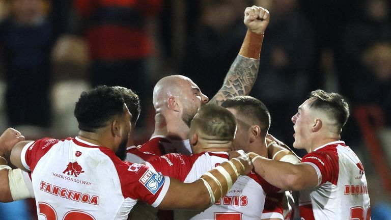 Hull KR players celebrate victory in the Betfred Super League, play-off semi final match at Craven Park, Hull. Picture date: Friday October 4, 2024.