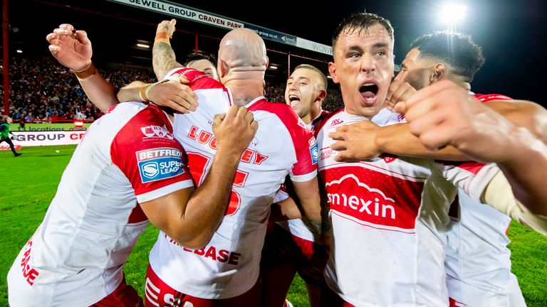 Hull KR players celebrate after beating Warrington to reach the Grand Final (SWpix)