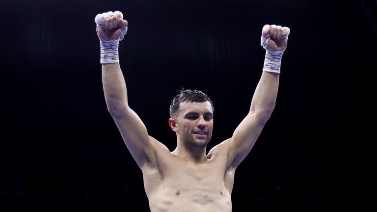 Jack Catterall celebrates after winning the WBO International Super Lightweight title at the Co-op Live arena