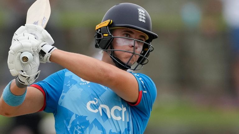 England's Jacob Bethell during the first ODI cricket match at Sir Vivian Richards Stadium, Sandnos, Antigua and Barbuda on Thursday, October 31, 2024 Bethell struck four off the bowling of West Indies player Alzarri Joseph.