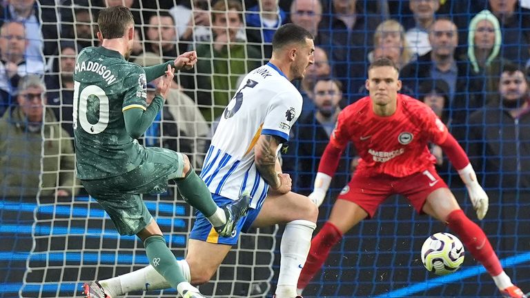 James Maddison scores Tottenham's second goal at Brighton