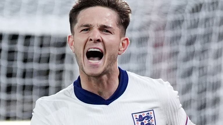 England's James McAtee celebrates scoring their side's second goal of the game during the UEFA Euro U21 quaifier against Ukraine