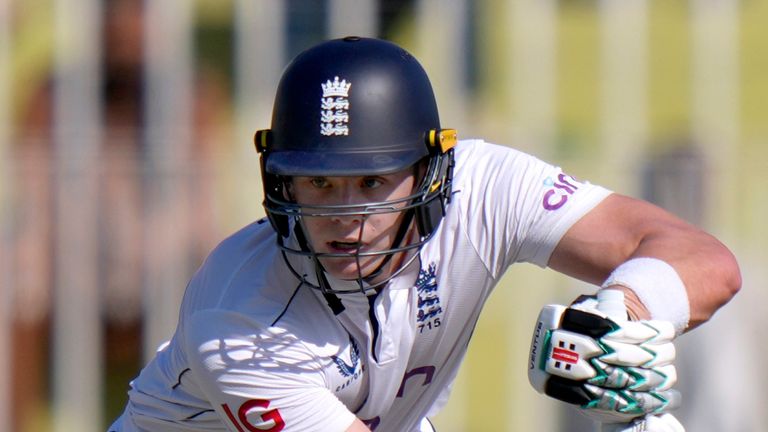 England's Jamie Smith plays a shot during the day one of third test cricket match between Pakistan and England, in Rawalpindi, Pakistan, Thursday, Oct. 24, 2024. (AP Photo/Anjum Naveed)