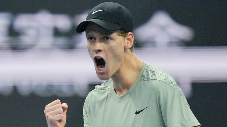 Jannik Sinner of Italy reacts during their men's singles finals match against Carlos Alcaraz of Spain at the China Open tennis tournament, National Tennis Center in Beijing, Wednesday, Oct. 2, 2024. (AP Photo/Achmad Ibrahim)