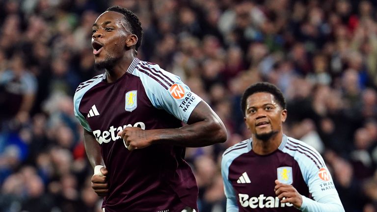 Jhon Duran celebrates after Aston Villa 2-0 against Bologna in the Champions League