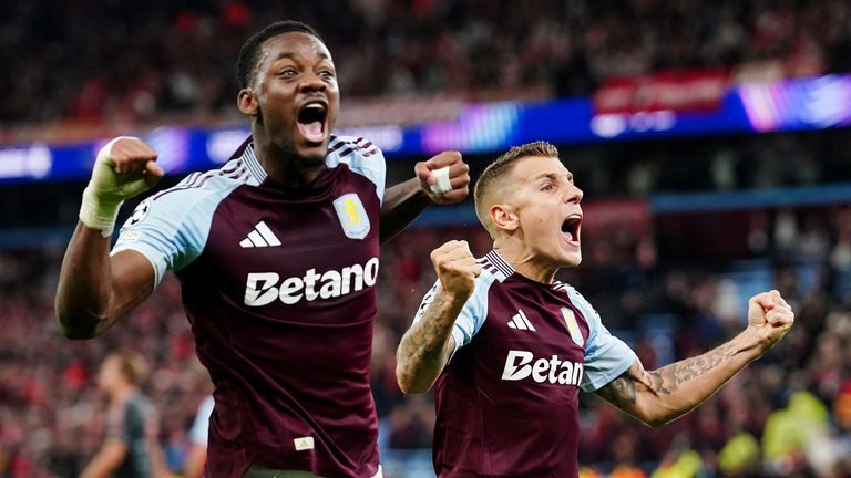 Jhon Duran and Lucas Digne celebrate Aston Villa's win over Bayern Munich