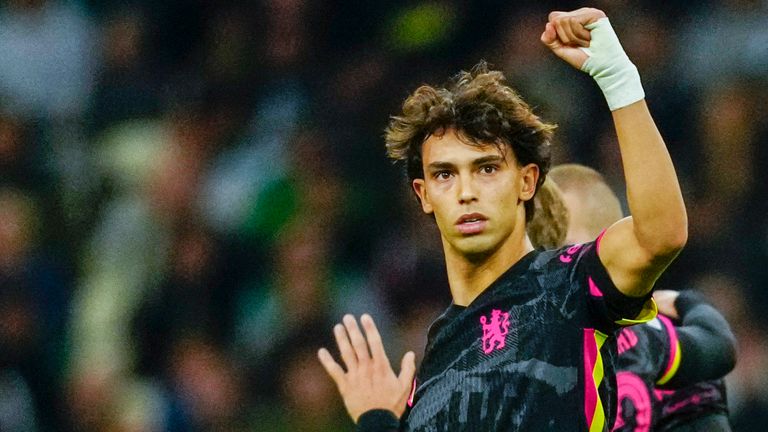 Chelsea's Joao Felix celebrates after scoring his side's opening goal during the Europa Conference League opening phase soccer match between Panathinaikos and Chelsea at the Olympic stadium in Athens, Greece, Thursday, Oct. 24, 2024. (AP Photo/Thanassis Stavrakis)