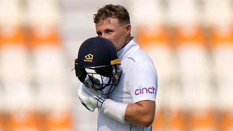 England's Joe Root celebrates after scoring a century (AP Photo/Anjum Naveed)