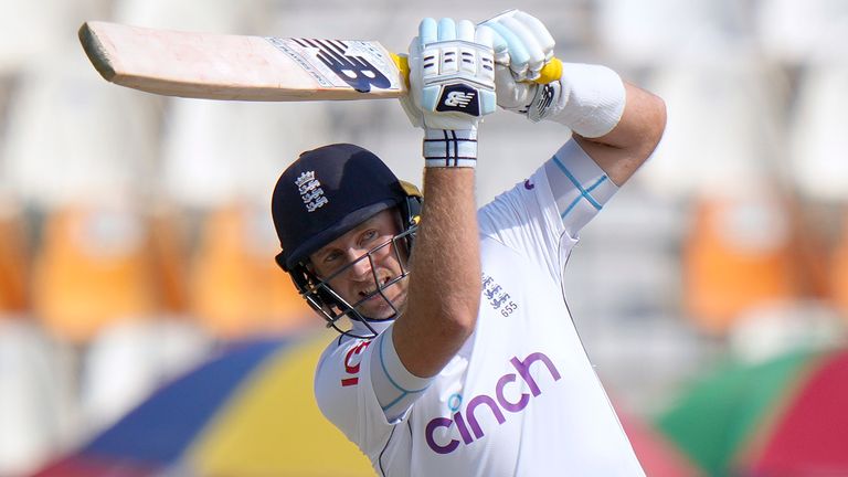 England's Joe Root bats during the fourth day of the first test cricket match between Pakistan and England, in Multan, Pakistan, Thursday, Oct. 10, 2024. (AP Photo/Anjum Naveed)