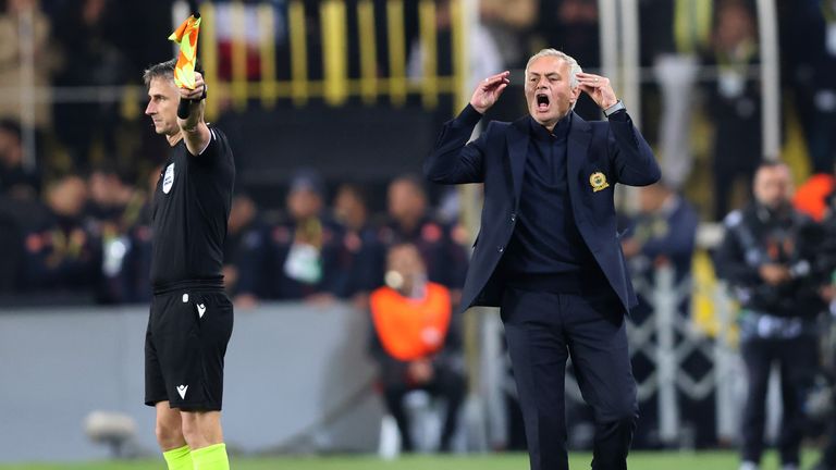 Jose Mourinho reacts to a decision before his red card during Fenerbahce's Europa League match against Manchester United