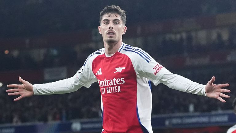 Arsenal's Kai Havertz celebrates after scoring the first goal against PSG