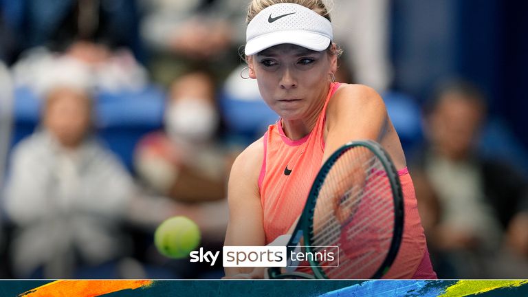 Britain's Katie Boulter plays against Sofia Kenin of the United States during the semifinal match of the Pan Pacific Open women's tennis tournament at Ariake Coliseum, in Tokyo, Saturday, Oct. 26, 2024. (AP Photo/Eugene Hoshiko)