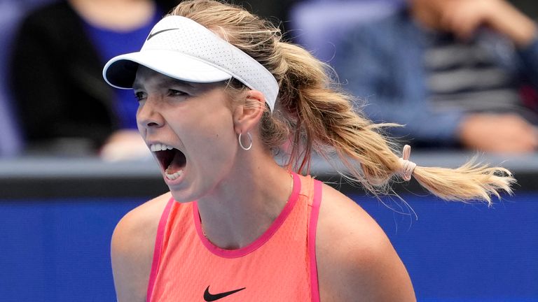 Britain's Katie Boulter reacts as she plays against Sofia Kenin of the United States during the semifinal match of the Pan Pacific Open women's tennis tournament at Ariake Coliseum, in Tokyo, Saturday, Oct. 26, 2024. (AP Photo/Eugene Hoshiko)