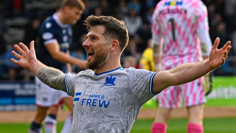 DUNDEE, SCOTLAND - OCTOBER 05: Kilmarnock's Matty Kennedy celebrates scoring to make it 3-2 during a William Hill Premiership match between Dundee and Kilmarnock at the Scot Foam Stadium at Dens Park, on October 05, 2024, in Dundee, Scotland. (Photo by Rob Casey / SNS Group)