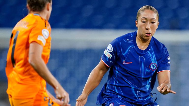 Chelsea's Lauren James and Real Madrid's Teresa Abelleira battle for the ball during the UEFA Women's Champions League