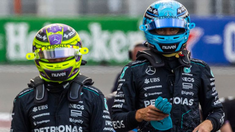 AUTODROMO HERMANOS RODRIGUEZ, MEXICO - OCTOBER 26: Sir Lewis Hamilton, Mercedes-AMG F1 Team, and George Russell, Mercedes-AMG F1 Team, in Parc Ferme during the Mexican GP at Autodromo Hermanos Rodriguez on Saturday October 26, 2024 in Mexico City, Mexico. (Photo by Sam Bloxham / LAT Images)