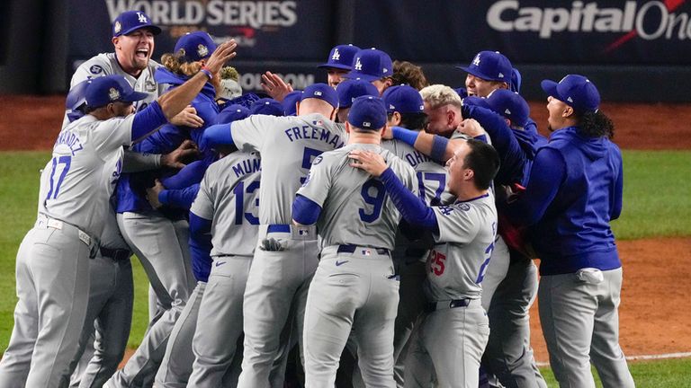 The Los Angeles Dodgers celebrate their win against the New York Yankees in Game 5 to win the baseball World Series, Wednesday, Oct. 30, 2024, in New York. (AP Photo/Frank Franklin II)