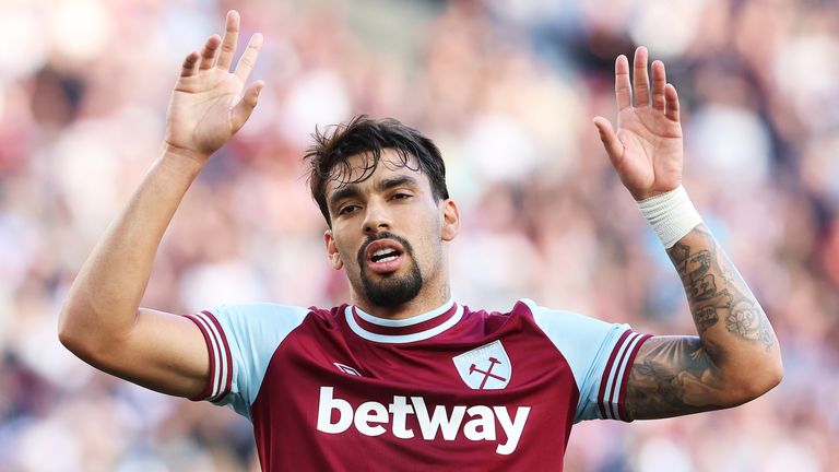 West Ham United's Lucas Paqueta celebrates scoring his side's fourth goal of the game during the Premier League match between West Ham United FC and Ipswich Town FC at the London Stadium