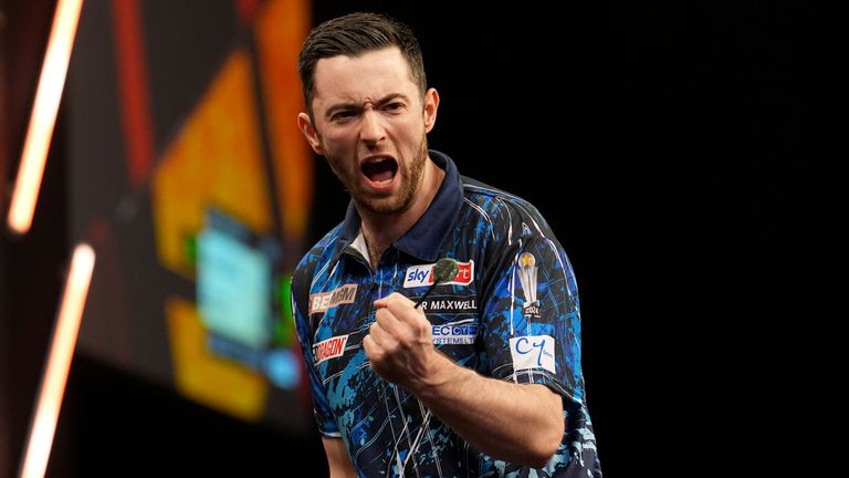 Luke Humphries celebrates victory against Gerwyn Price during night sixteen of the BetMGM Premier League held at the Utilita Arena, Sheffield. Picture date: Thursday May 16, 2024.