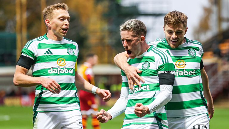 Celtic's Luke McCowan celebrates with Alistair Johnston and James Forrest as he scores to make it 1-0