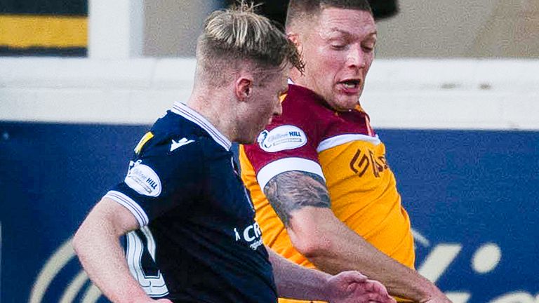 MOTHERWELL, SCOTLAND - OCTOBER 19: Dundee's Lyall Cameron scores to make it 1-0 during a William Hill Premiership match between Motherwell and Dundee at Fir Park, on October 19, 2024, in Motherwell, Scotland. (Photo by Sammy Turner / SNS Group)