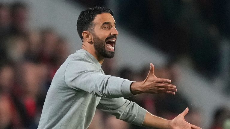 Sporting's head coach Ruben Amorim reacts during the Champions League opening phase soccer match between PSV Eindhoven and Sporting CP at Philips stadium in Eindhoven, Netherlands, Tuesday, Oct. 1, 2024. (AP Photo/Peter Dejong)