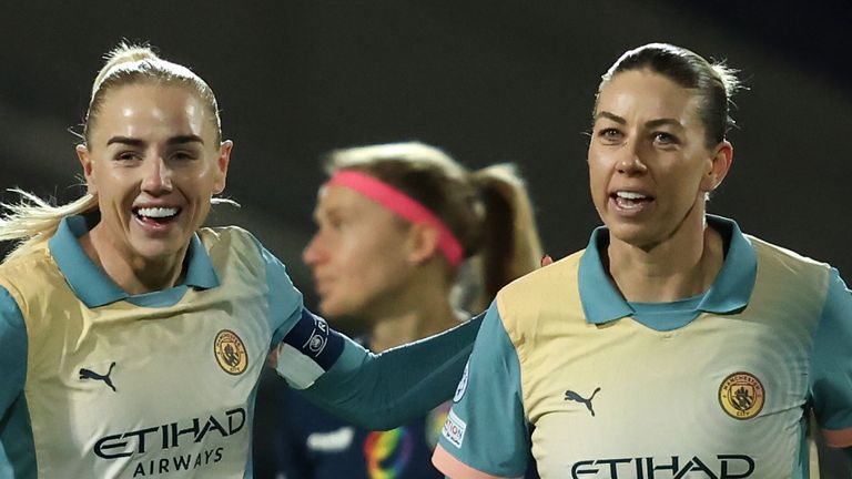 ST. POELTEN, AUSTRIA - OCTOBER 16: Alanna Kennedy of Manchester City celebrates scoring her team's first goal during the UEFA Women's Champions League match between SKN St. Pölten and Manchester City at Viola Park on October 16, 2024 in St. Poelten, Austria. (Photo by Jasmin Walter/Getty Images)