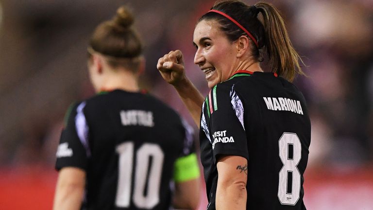 MUNICH, GERMANY - OCTOBER 09: Mariona Caldentey of Arsenal celebrates scoring her team's first goal during the UEFA Women's Champions League match between FC Bayern München and Arsenal FC at FC Bayern Campus on October 09, 2024 in Munich, Germany. (Photo by Alex Burstow/Arsenal FC via Getty Images)