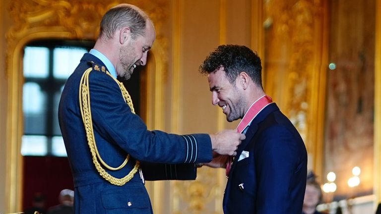 Investitures at Windsor Castle
Sir Mark Cavendish, from Laxey, is made a Knight Commander of the British Empire by the Prince of Wales at Windsor Castle. The honour recognises services to cycling and to charity work. Picture date: Wednesday October 2, 2024.