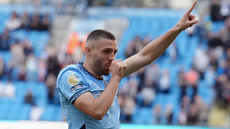 Manchester City's Mateo Kovacic celebrates scoring his second goal against Fulham