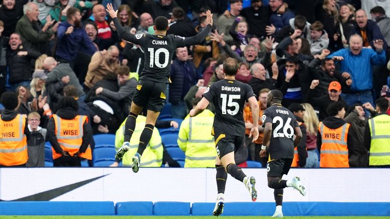 Wolves' Matheus Cunha celebrates scoring their second goal of the game