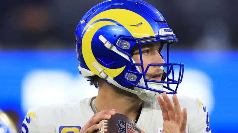 Los Angeles Rams quarterback Matthew Stafford (9) looks to pass during the first half of an NFL football game against the Minnesota Vikings, Thursday, Oct. 24, 2024, in Inglewood, Calif. (AP Photo/Ryan Sun) 