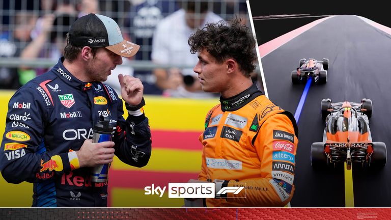 Red Bull driver Max Verstappen, of the Netherlands, left, and McLaren driver Lando Norris, of Britain, talk after their sprint race for the Formula One U.S. Grand Prix auto race at Circuit of the Americas, Saturday, Oct. 19, 2024, in Austin, Texas. (AP Photo/Eric Gay)