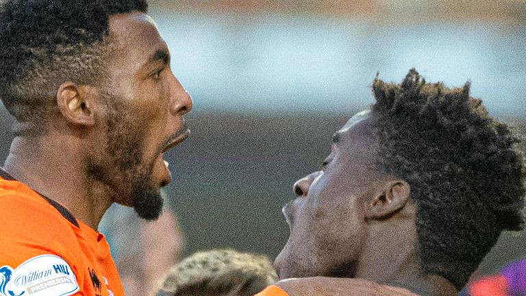 DUNDEE, SCOTLAND - OCTOBER 19: Dundee United's Meshack Ubochioma celebrates scoring to make it 3-2 during a William Hill Premiership match between Dundee United and Hibernian at the CalForth Construction Arena at Tannadice Park, on October 19, 2024, in Dundee, Scotland. (Photo by Paul Devlin / SNS Group)